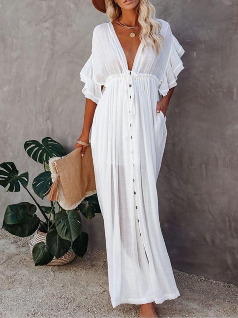 Vici White Button‑Front V‑Neck Maxi Dress